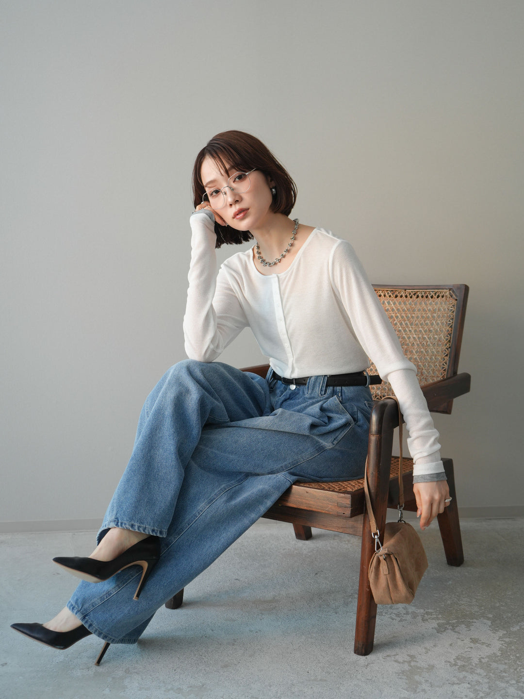 [予約]シアーリブバイカラーカーディガン/white