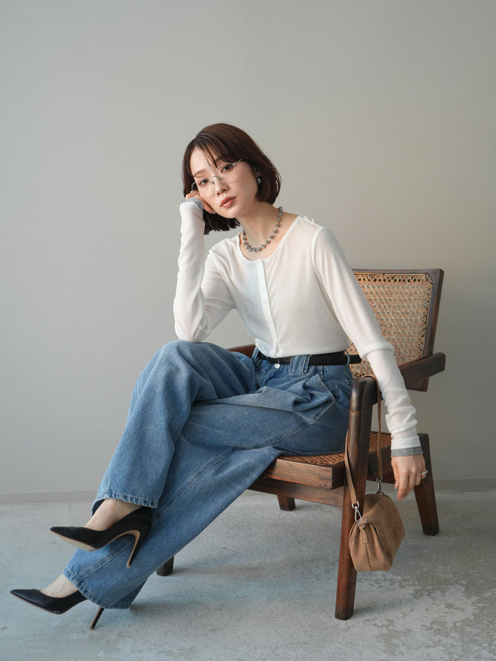 [予約]シアーリブバイカラーカーディガン/white