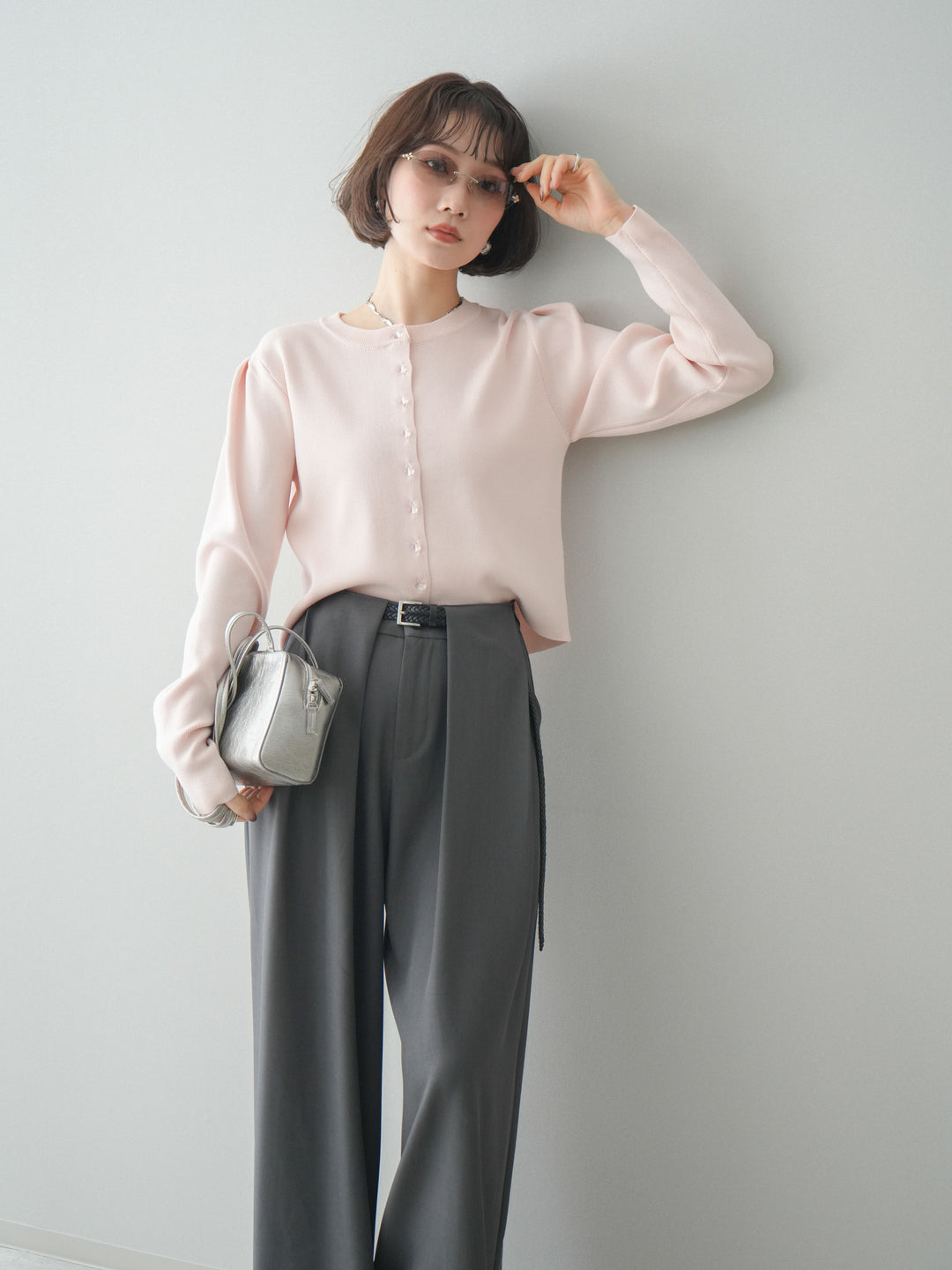 [予約]クリアボタンタックニットカーディガン/pink