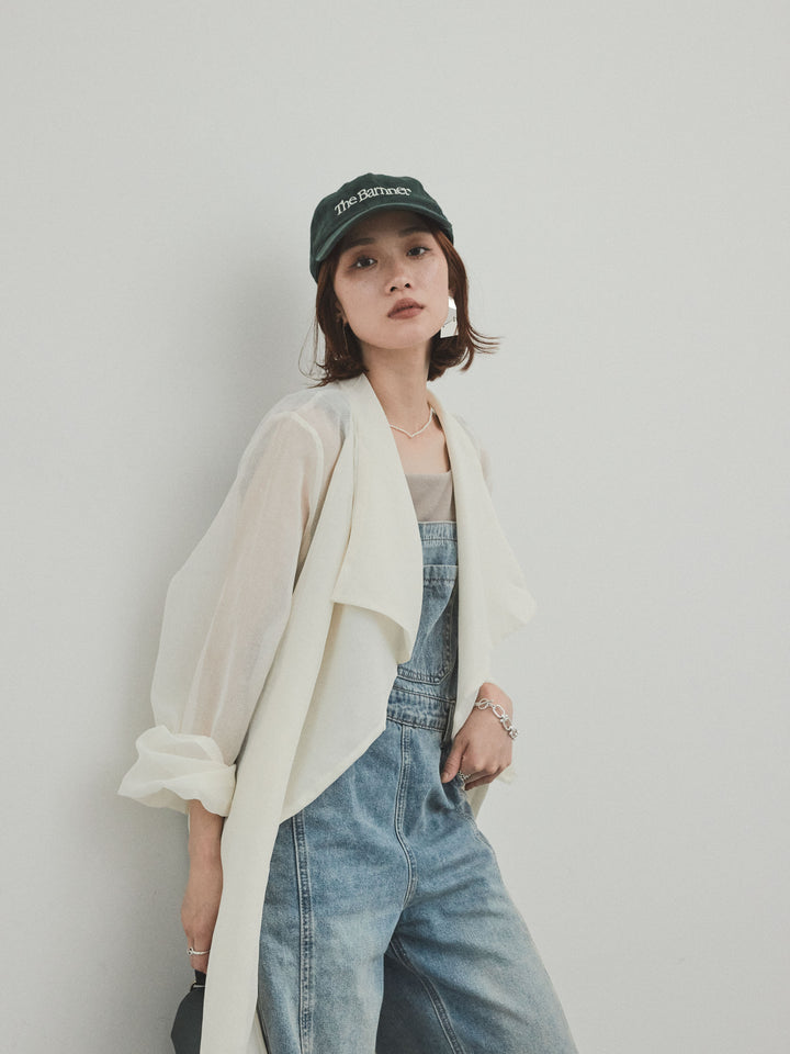 [SET] 中縫牛仔背帶褲 + 方形天鵝絨背心 + 透視長版外套（3 件組）