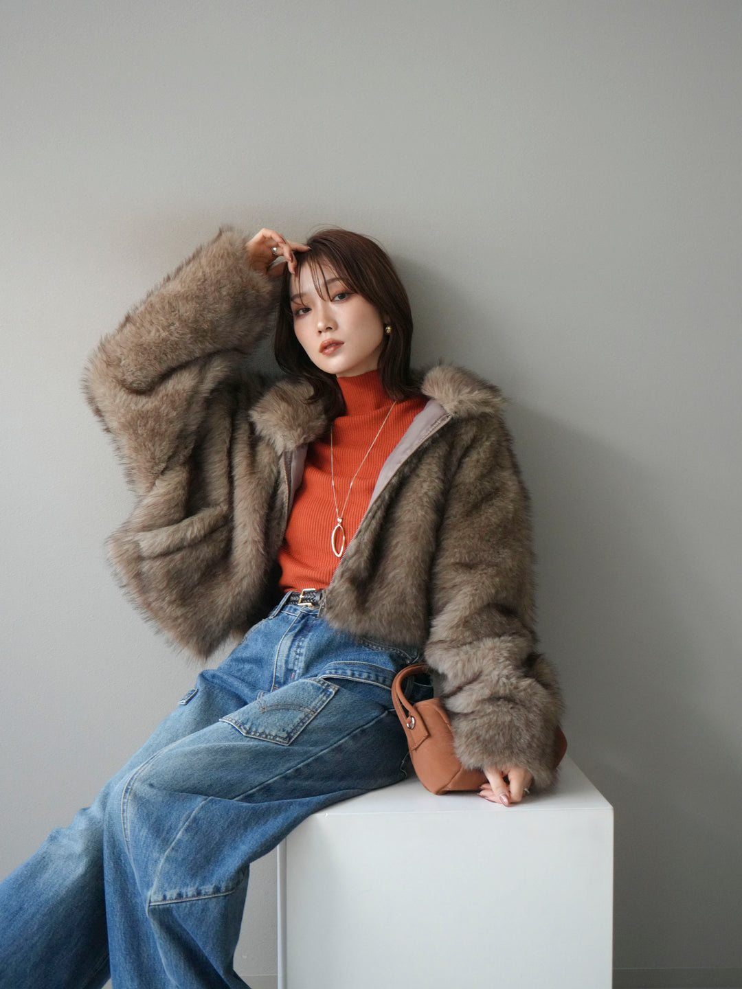 [予約]フェイクファーショートZIPジャケット/brownmix