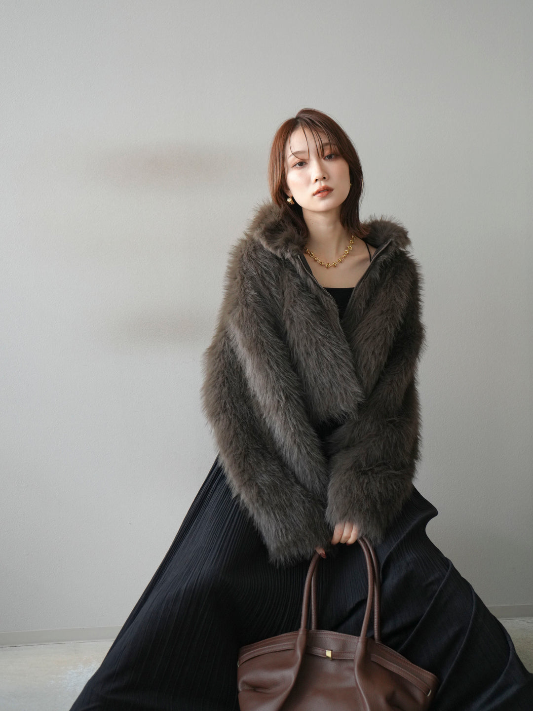 [予約]フェイクファーショートZIPジャケット/brown