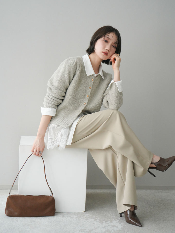 [SET]ゴールドボタンブークレニットカーディガン+総レースボリュームスリーブシャツ(2set)