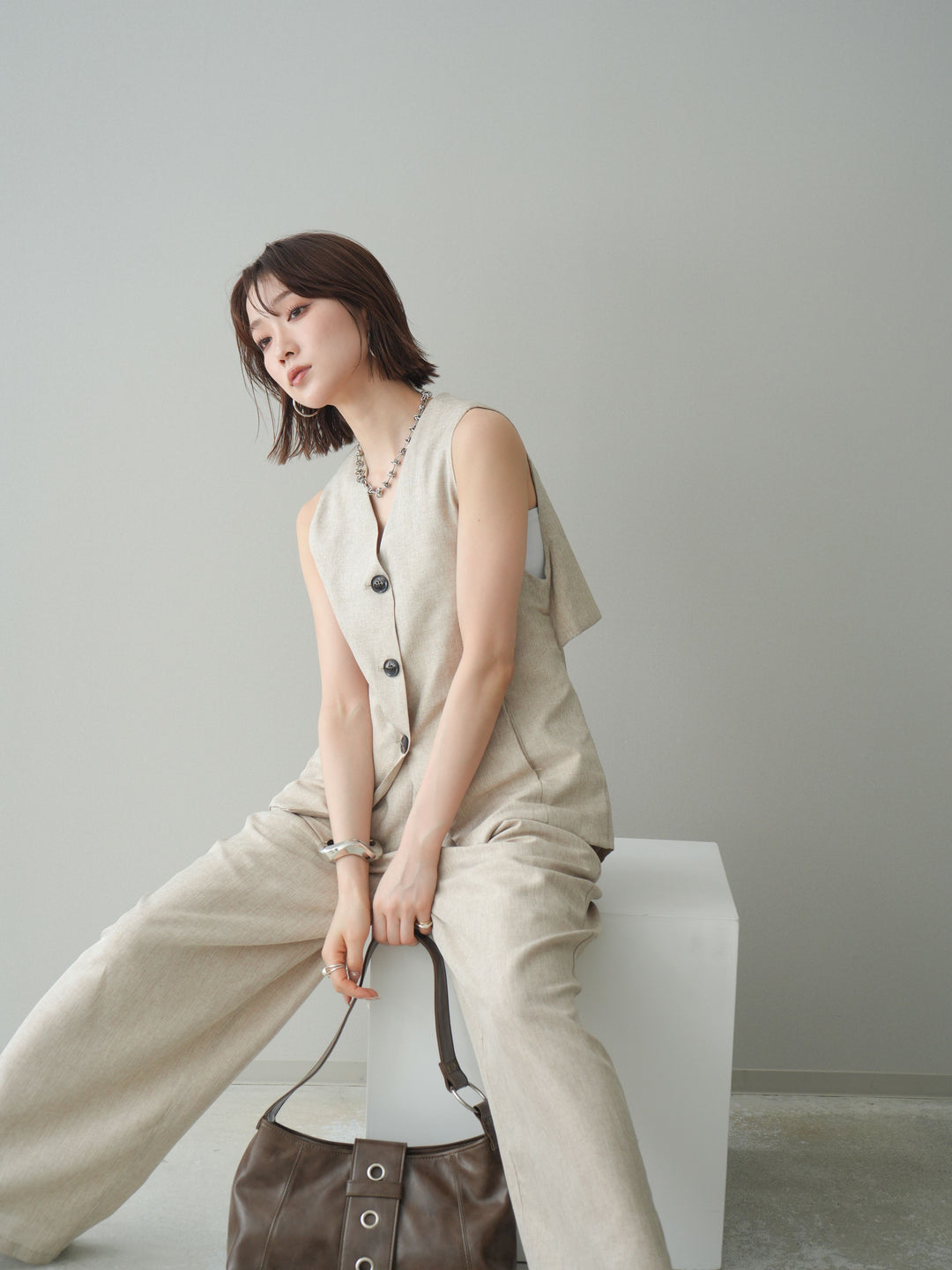 [SET]リネンライクバックオープンジレ+リネンライクタックワイドパンツ(2set)