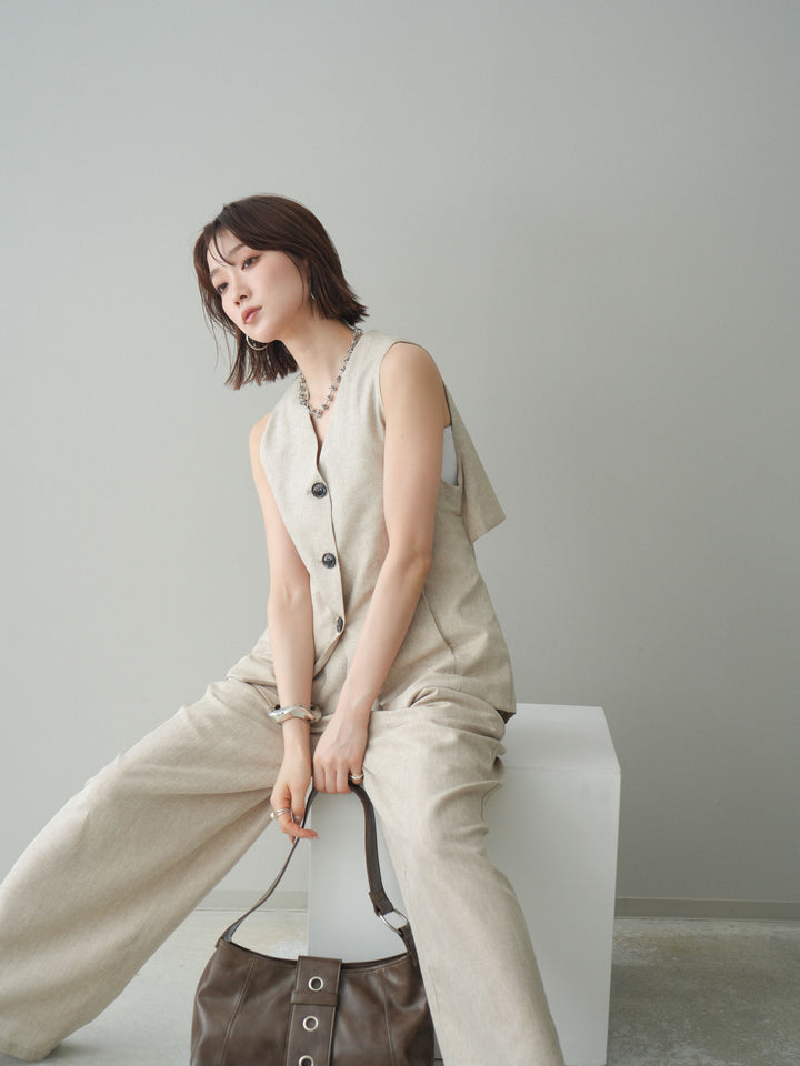 [SET]リネンライクバックオープンジレ+リネンライクタックワイドパンツ(2set)