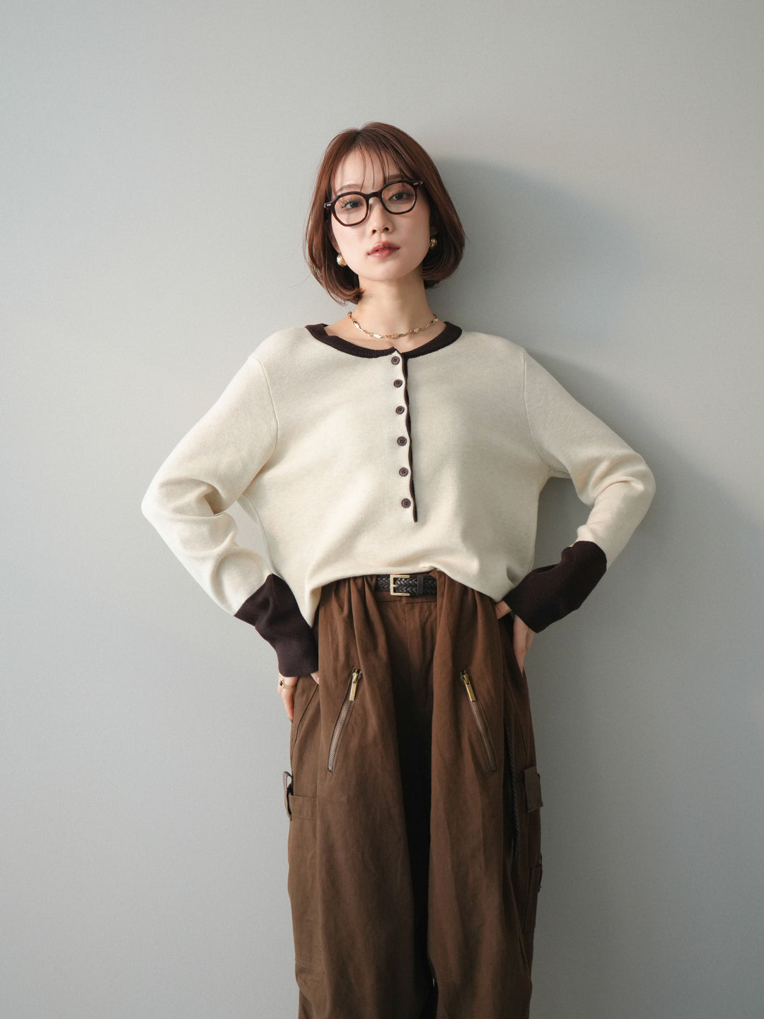 [SET]ヘンリーネック配色ニットソー+コットンタックループパンツ(2set)