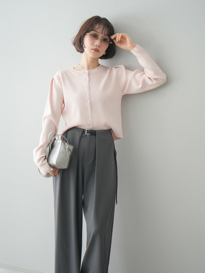 [SET]クリアボタンタックニットカーディガン+ベルトループデザインワイドパンツ(2set)