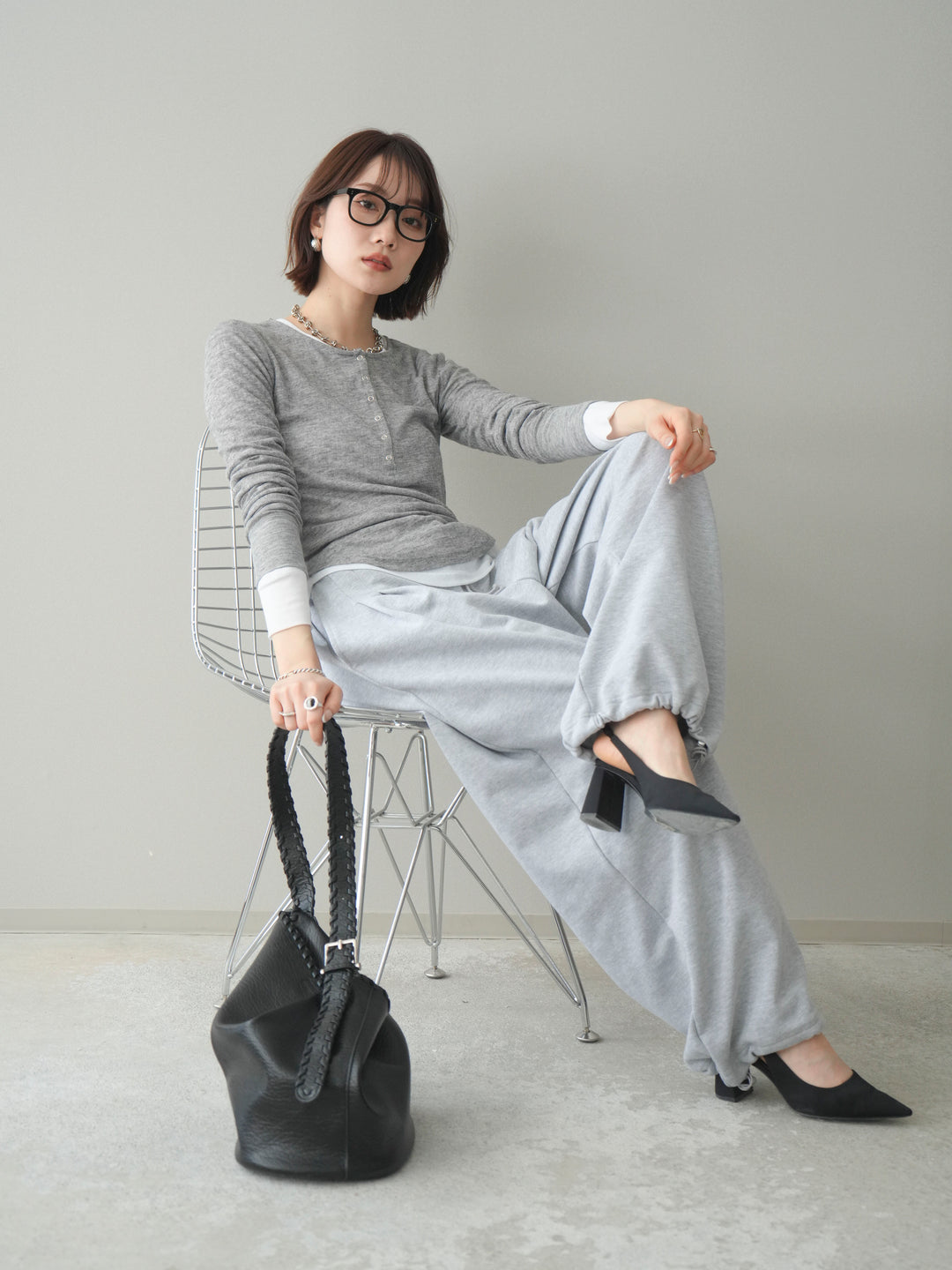 [予約]シアーリブヘンリーネックロンT/gray