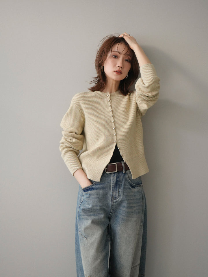 [予約]シルバーボタン畦編みニットカーディガン/ivory