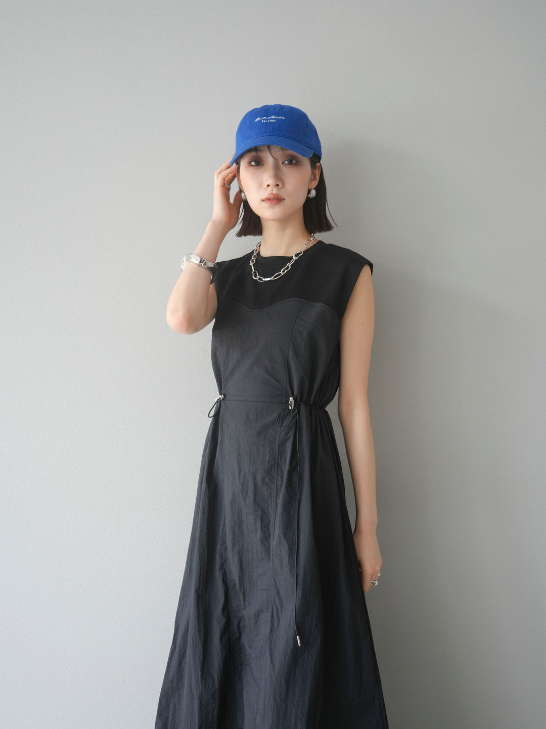 [予約]カットドッキングナイロンワンピース/ブラック