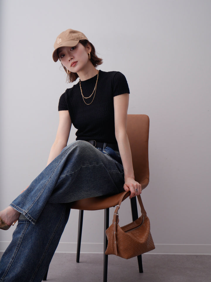 [予約]ウェーブハイネックフレンチニットトップス/black