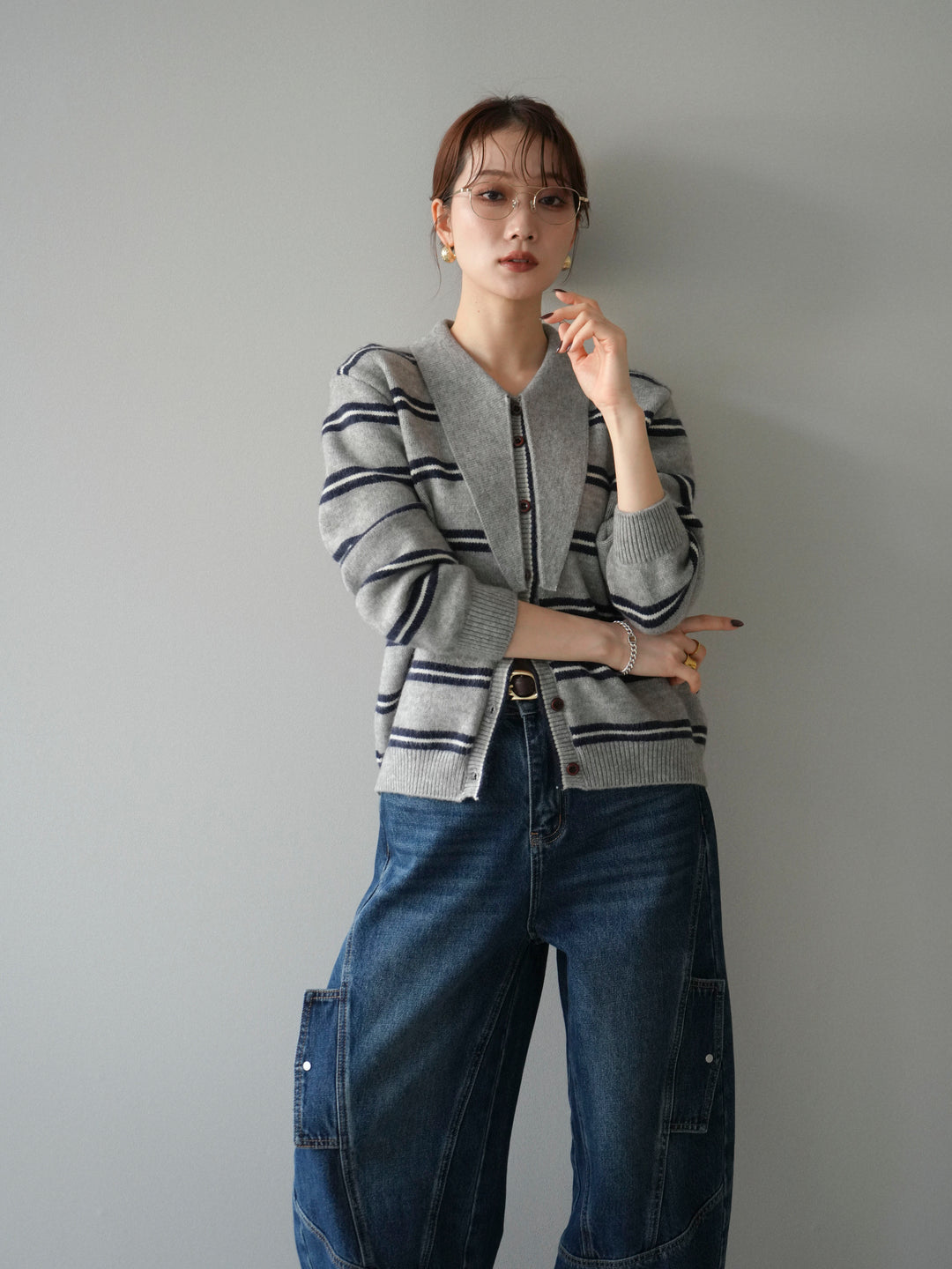 [予約]ボウタイボーダーニットカーディガン/gray