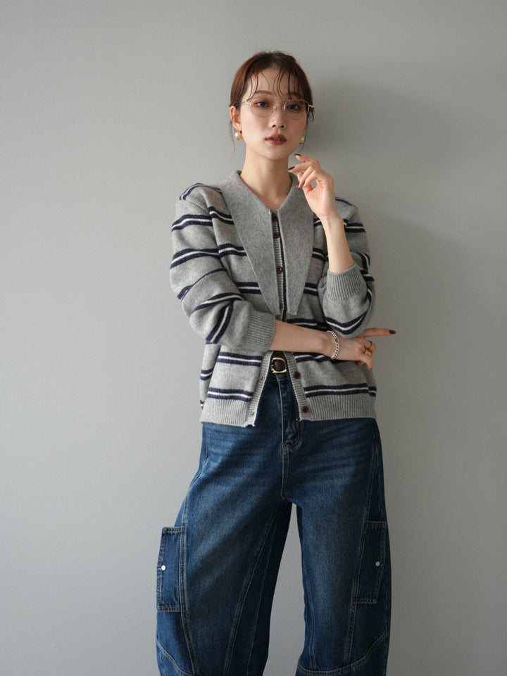 [予約]ボウタイボーダーニットカーディガン/gray