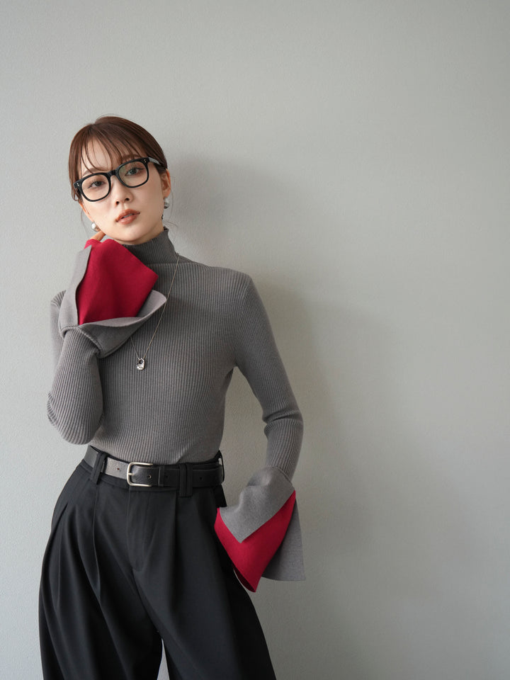 [SET] 疊層喇叭袖高領針織上衣 + 雙褶寬褲 (2 套)