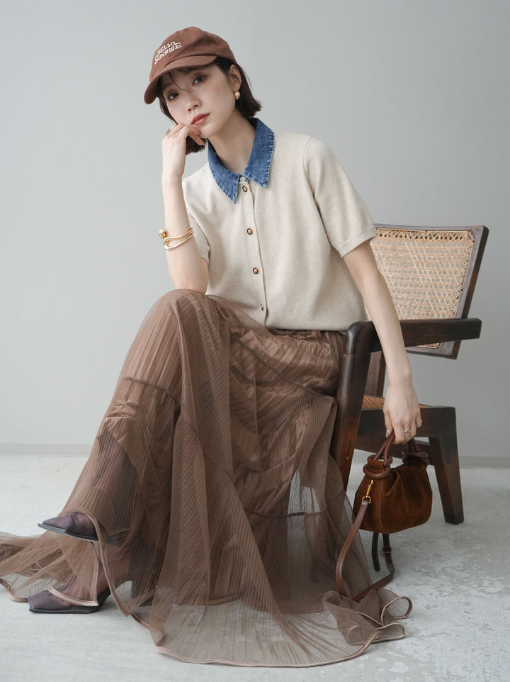 [予約]デニム襟ボタンハーフスリーブニットプルオーバー/beige