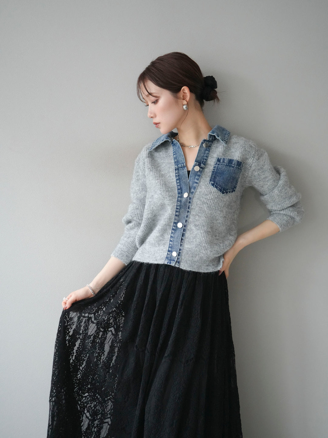 [予約]デニム襟ポケットニットカーディガン/gray