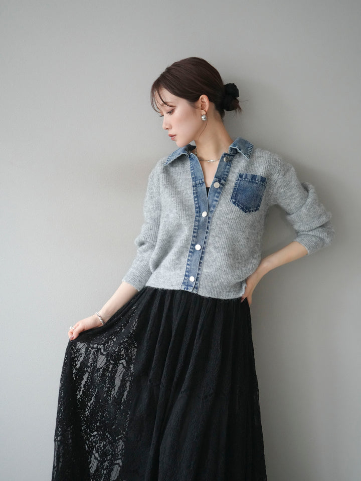 [予約]デニム襟ポケットニットカーディガン/gray