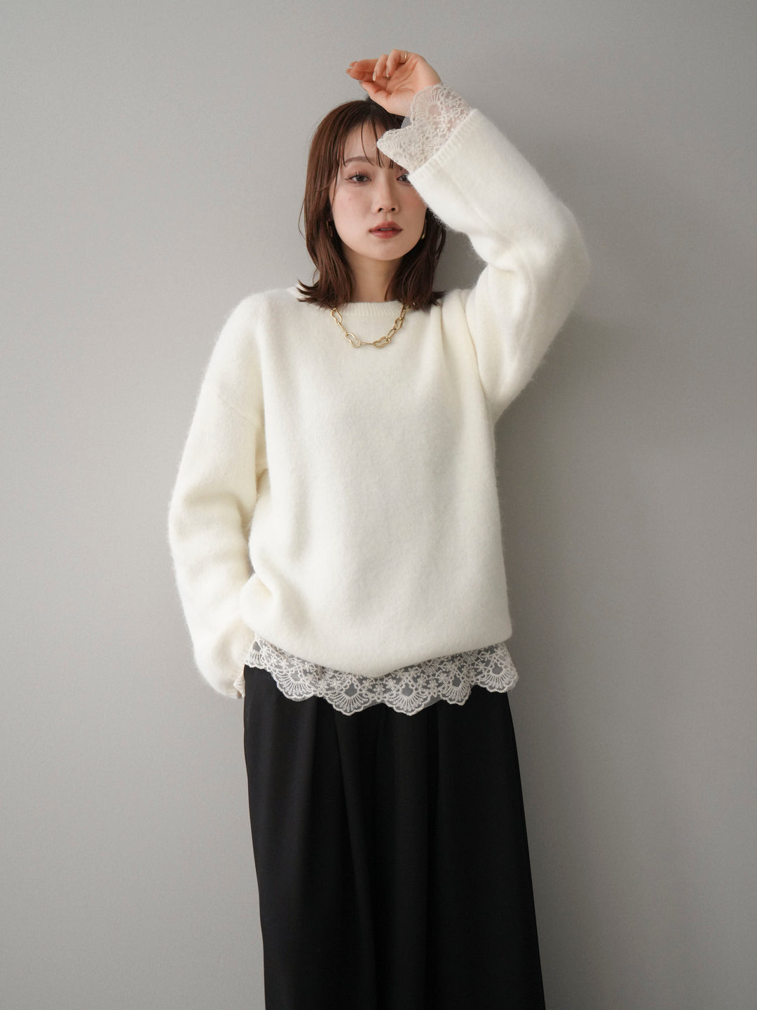 [SET]アンゴラタッチクルーネックニットプルオーバー+テープベルトタックバギーパンツ(2set)