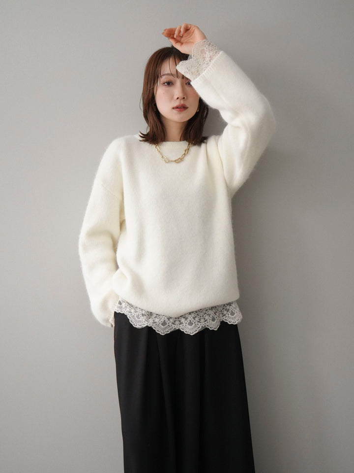 [SET]アンゴラタッチクルーネックニットプルオーバー+テープベルトタックバギーパンツ(2set)