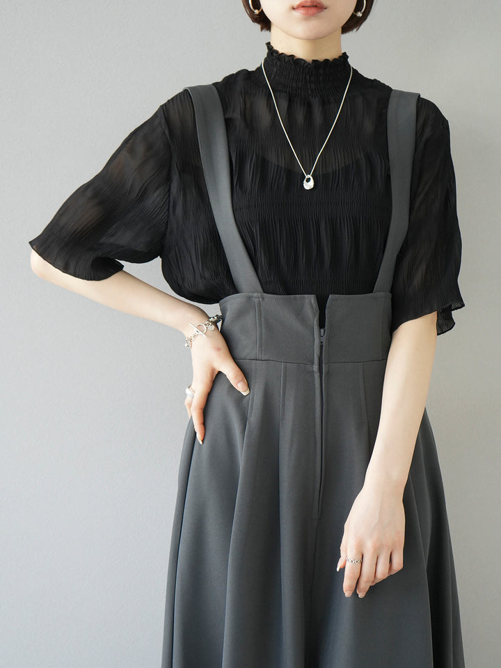 [SET] Shirring chiffon half sleeve blouse + 2WAY flare jumper skirt (2set)