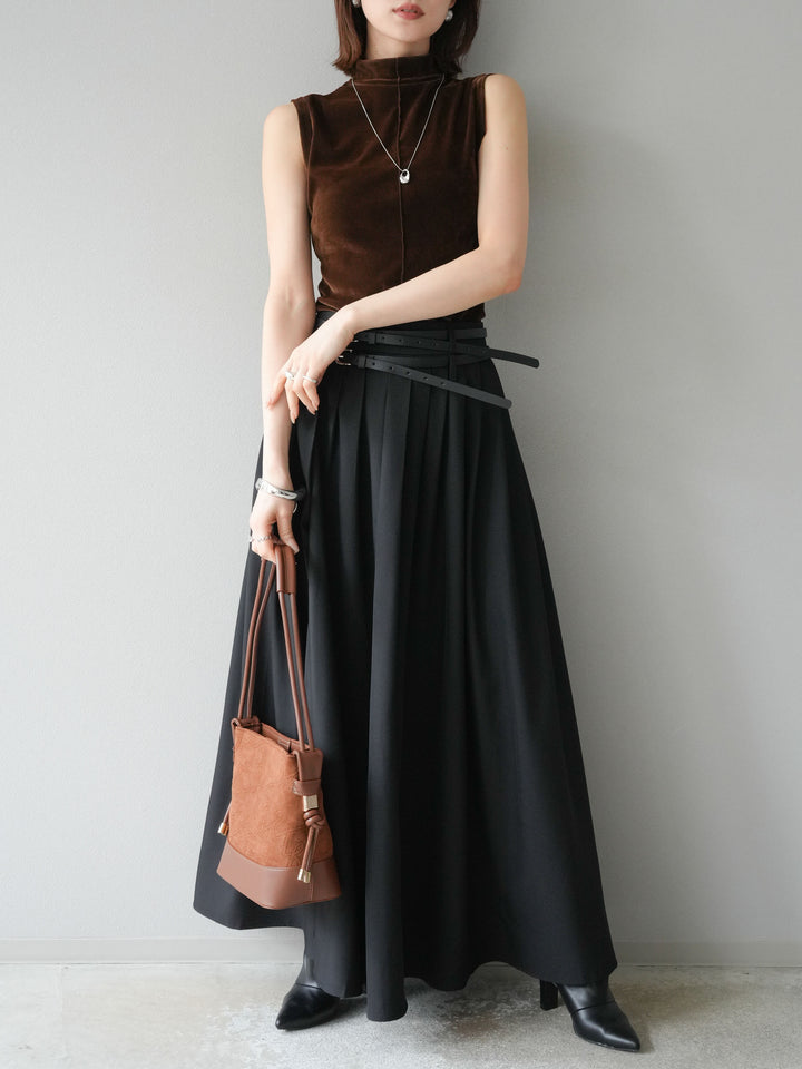 [SET]シアーベロアプチネックノースリーブトップス+エステルプリーツスリットスカート(2set)