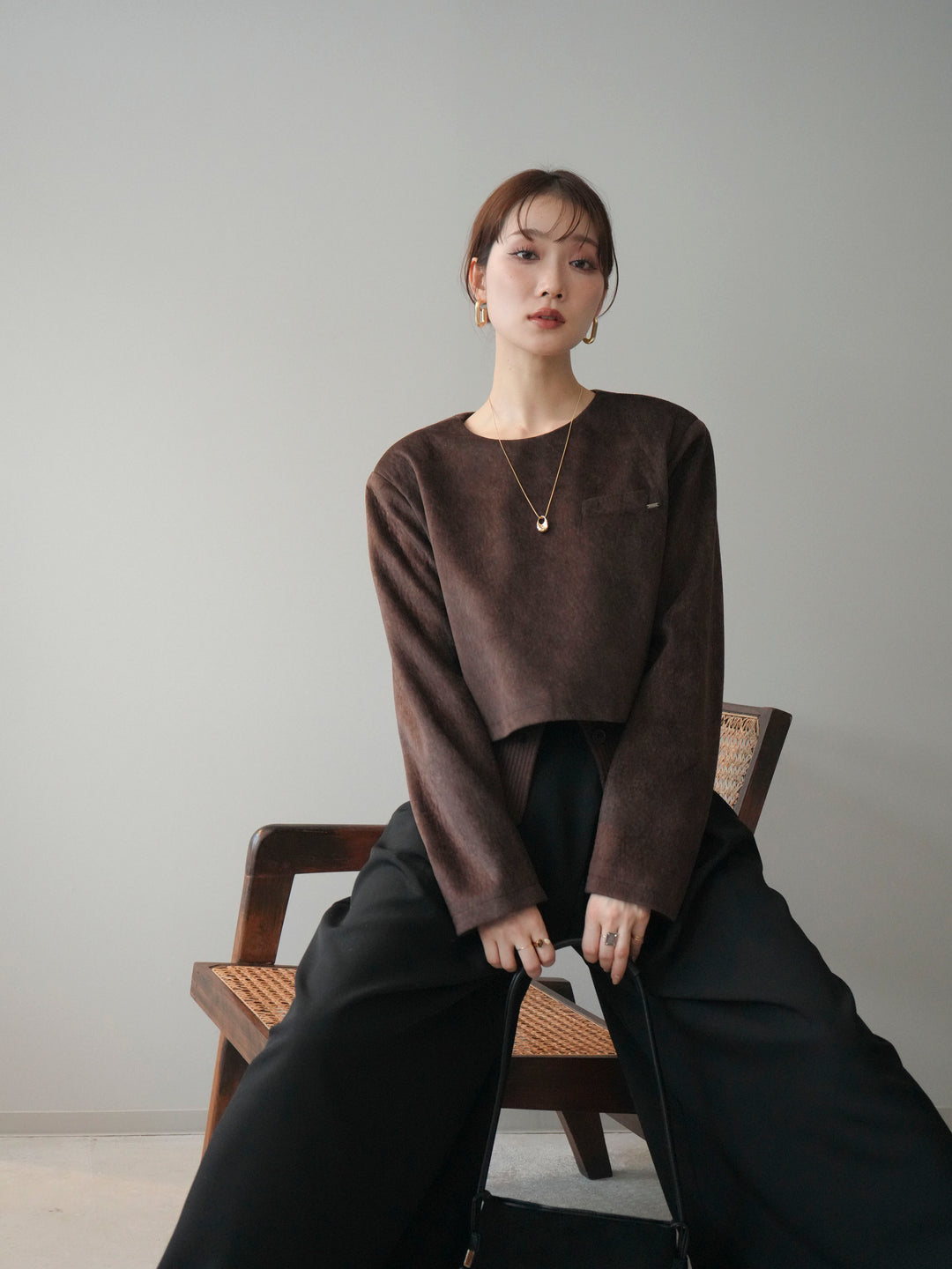 [予約]リブニットレイヤードスエードプルオーバー/brown