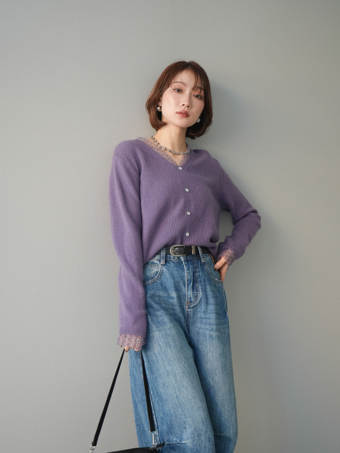 [SET]ドットチュールレイヤードボタンニットトップス+選べるアクセセット(2set)