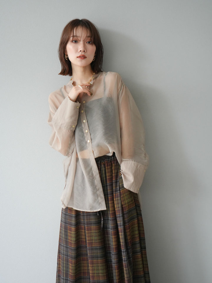 [SET] 亮面透視立領襯衫 + 透視格紋寬鬆褲 (2 件套)