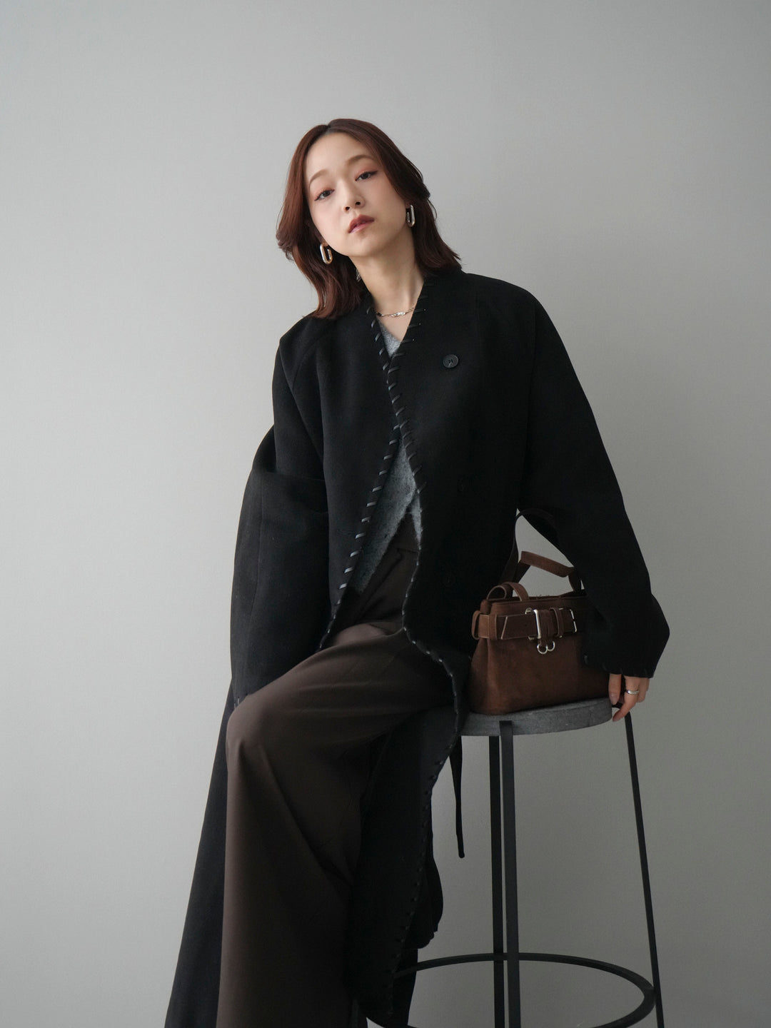 [SET]ハンドステッチ裏中綿ロングコート+モヘア衿付きボタンプルオーバー(2set)