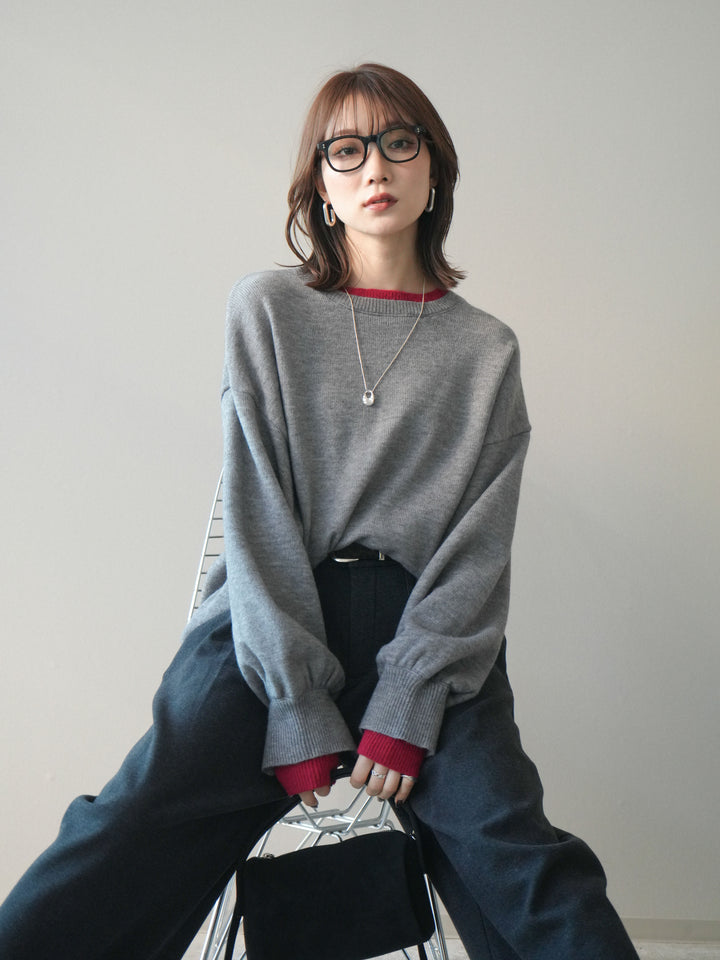 [予約]ヘンリーネック配色レイヤードニットプルオーバー/middlegray