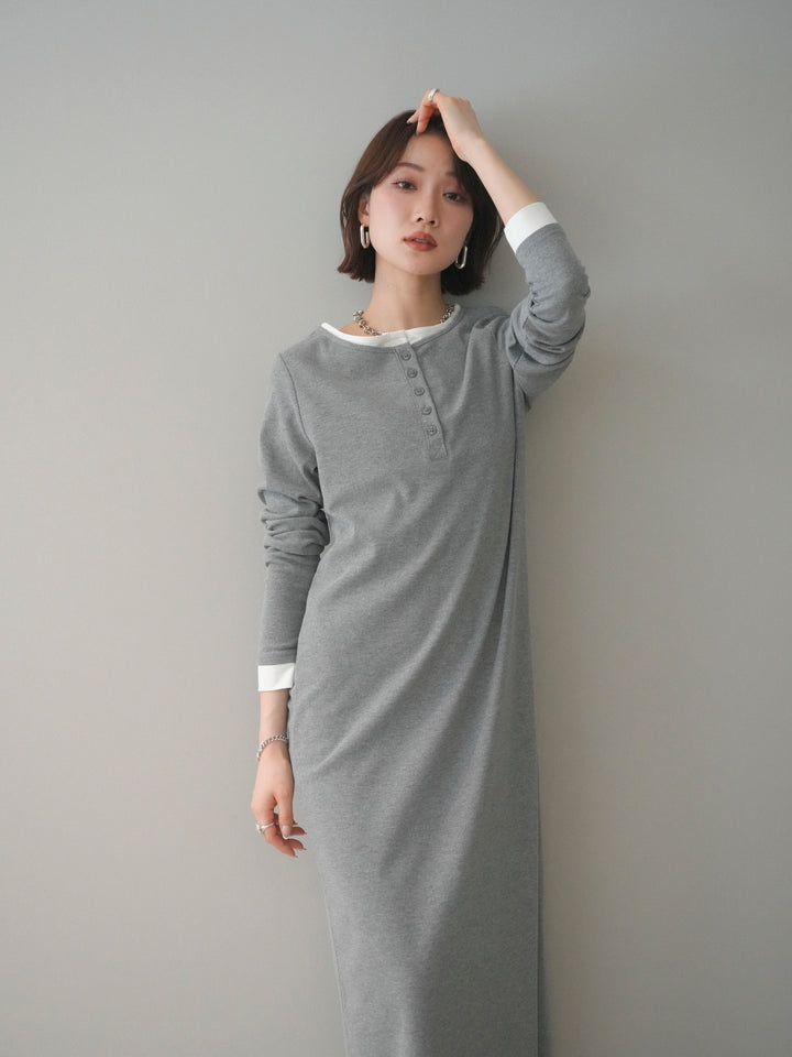 [SET]配色レイヤードヘンリーネックカットリブワンピース+配色レイヤードヘンリーネックカットリブワンピース(2set)