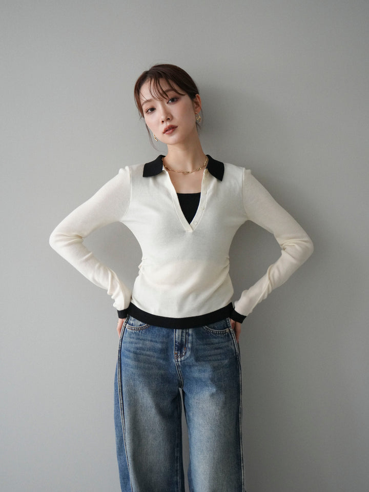 [予約]レイヤード配色ポロニットトップス/beige