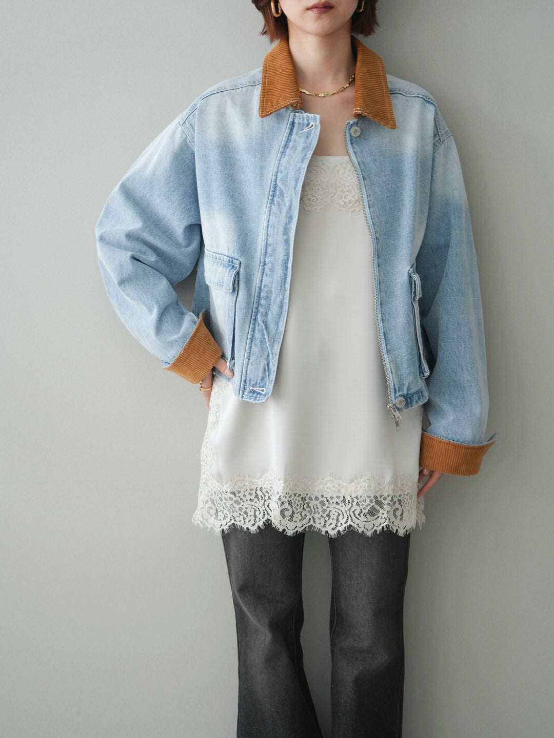 [予約]コーデュロイ×デニムショートカバーオール/bleach