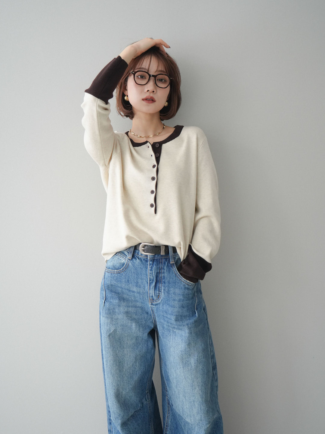 [SET]ヘンリーネック配色ニットソー+選べるアクセセット(2set)