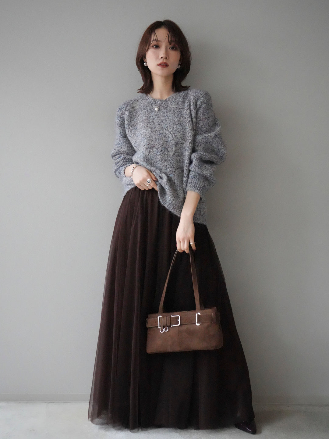 [SET]ロゴラベルミックスヤーンニットプルオーバー+チュールボリュームスカート(2set)