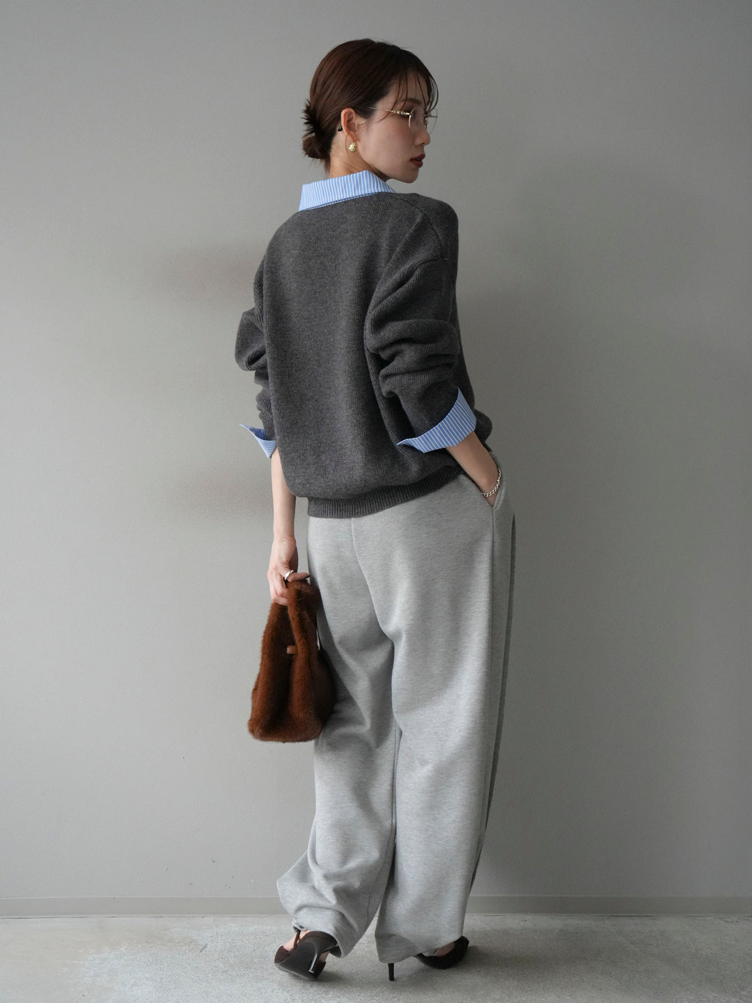 [SET]ストライプシャツレイヤードZIPニットカーディガン+2WAYデザインスウェットパンツ(2set)