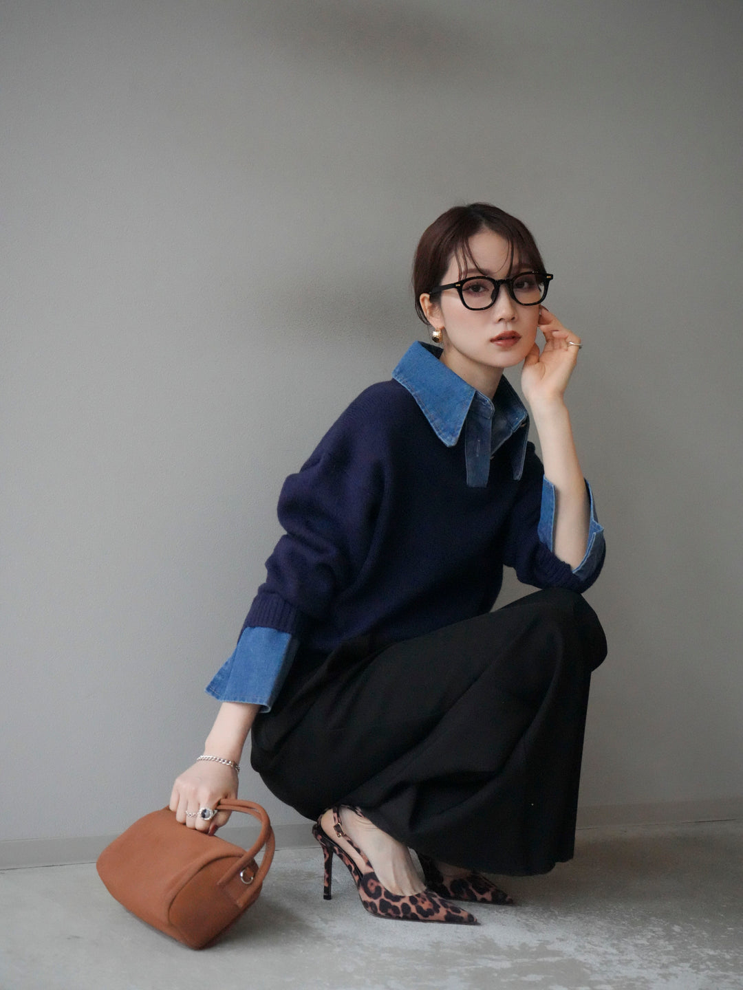 [SET]デニム襟ポロニットプルオーバー+ベルトループデザインワイドパンツ(2set)