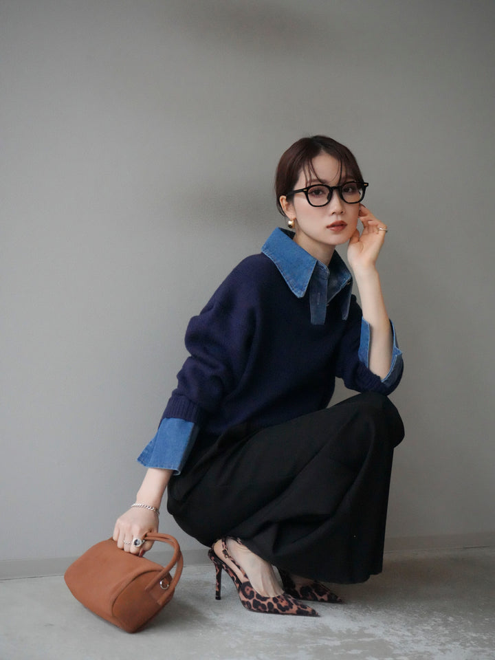 [SET]デニム襟ポロニットプルオーバー+ベルトループデザインワイドパンツ(2set)