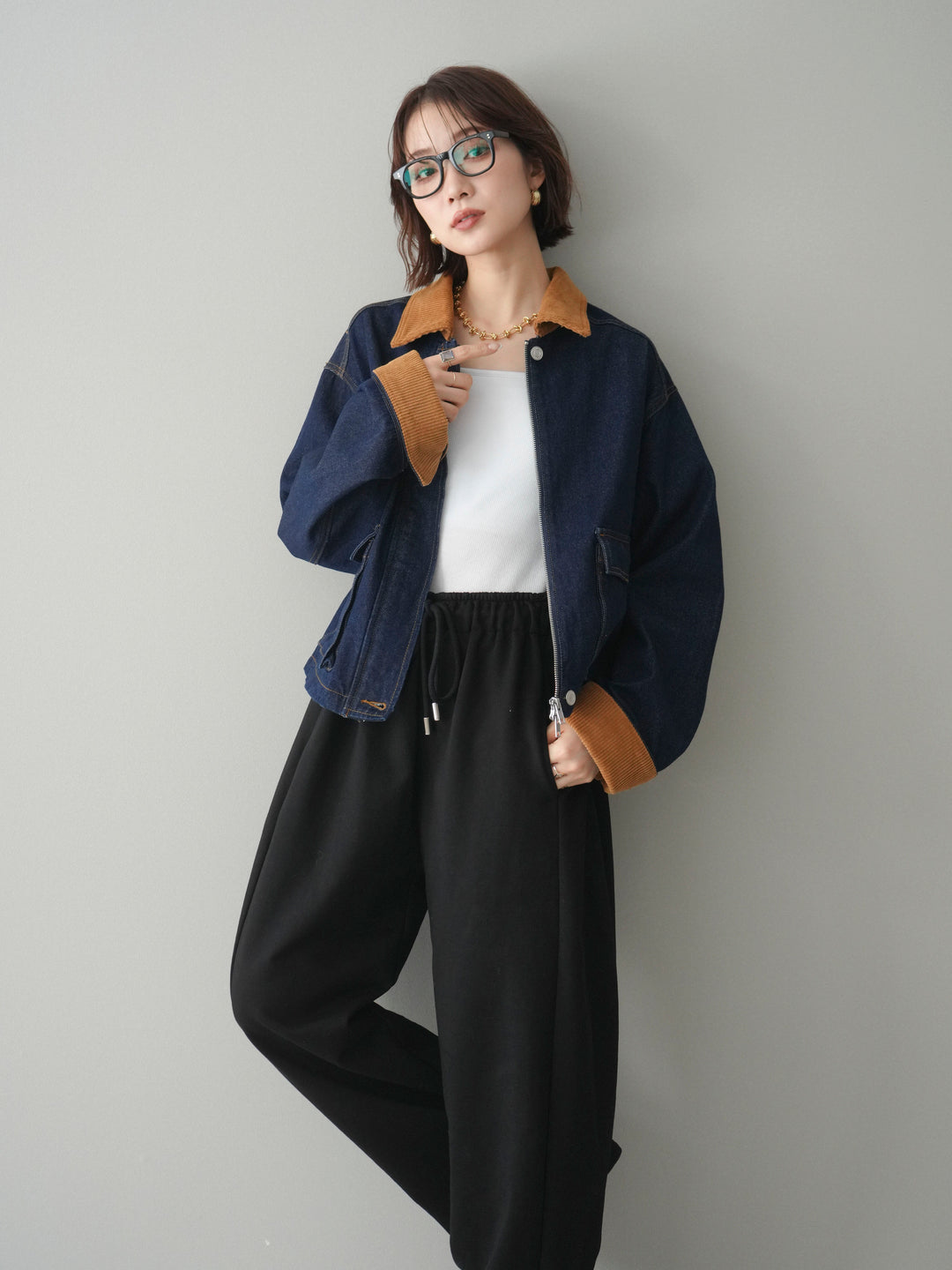 [予約]コーデュロイ×デニムショートカバーオール/indigo