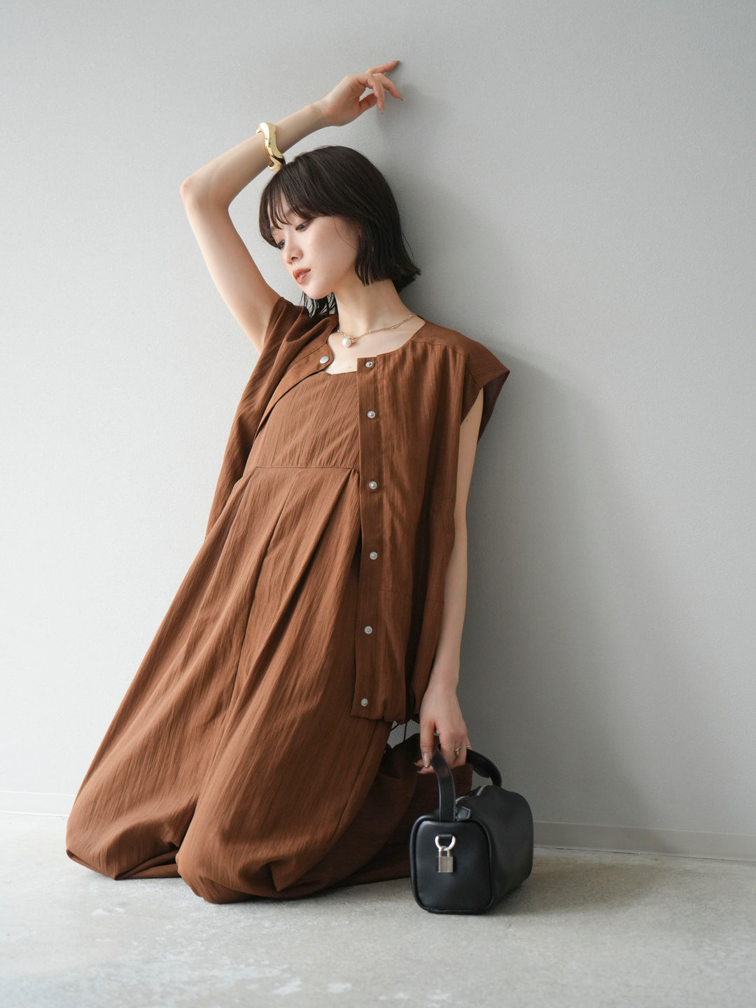 [SET]リネンライクビスチェデザインサロペット+リネンライクドロストバルーンブルゾン(2set)