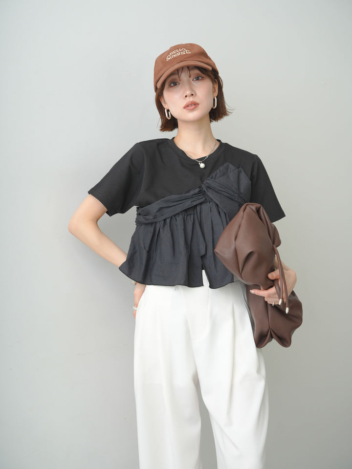 [SET]ナイロンドッキングツイストTEE +アシンメトリーベルトタックワイドパンツ(2set)