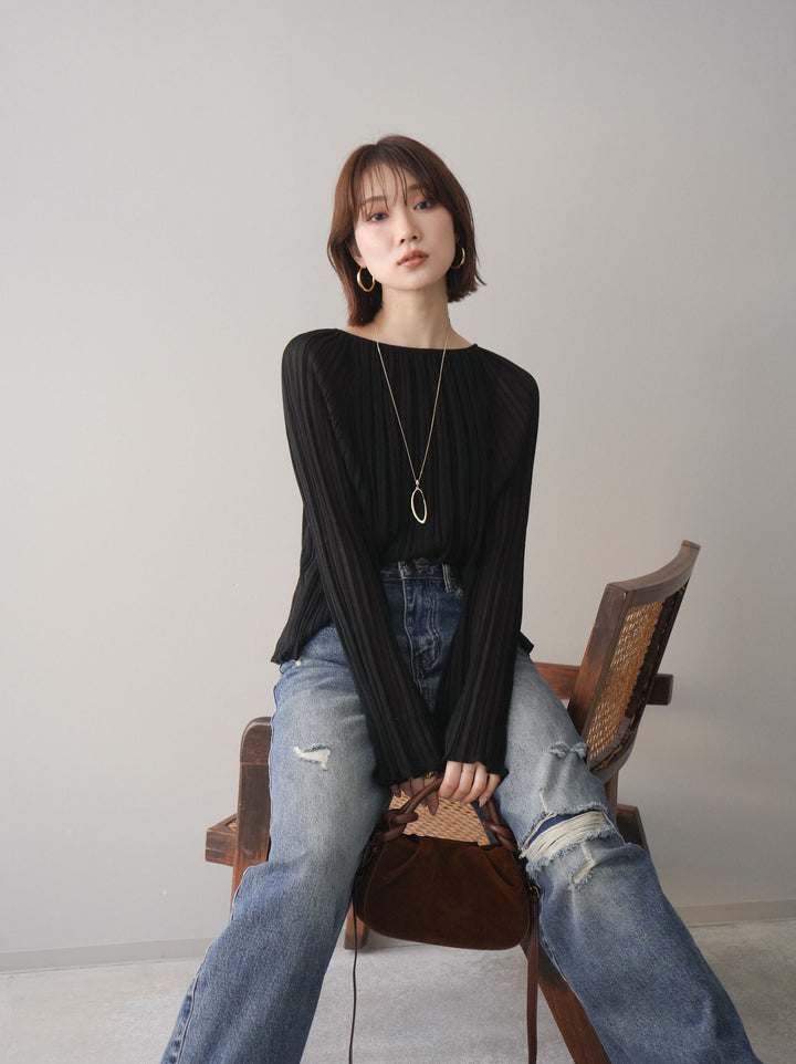 [SET]プリーツシアーフレアスリーブニットトップス+ダメージデニムセミワイドパンツ(2set)