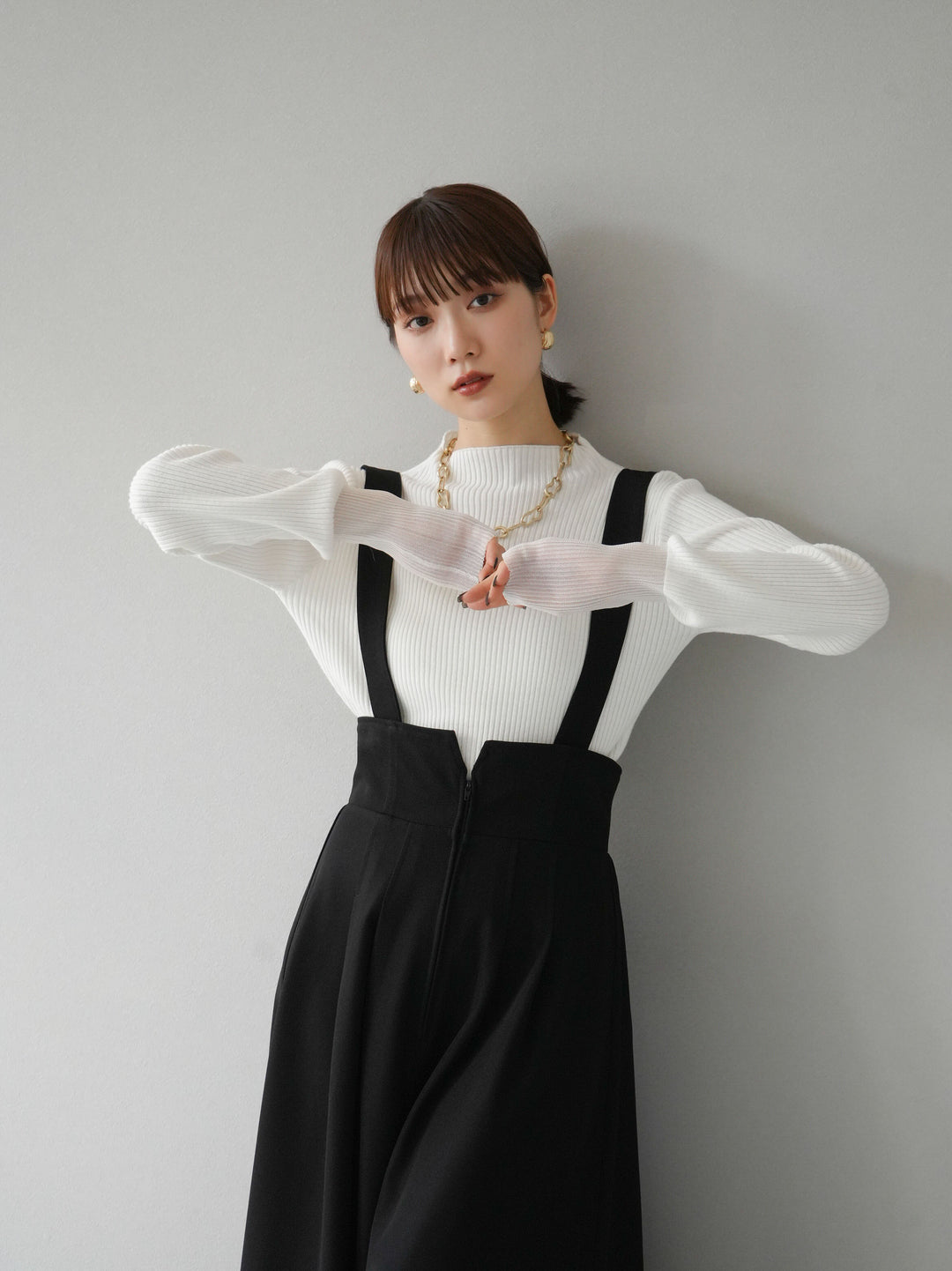 [予約]袖ラメシアー切替リブニットトップス/オフ