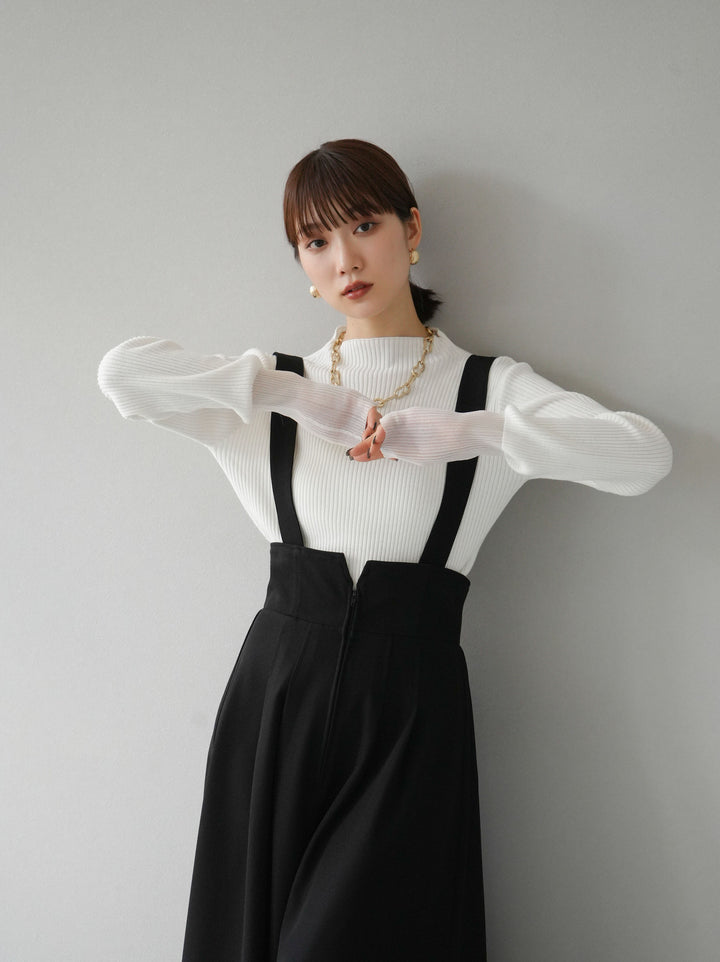 [予約]袖ラメシアー切替リブニットトップス/オフ
