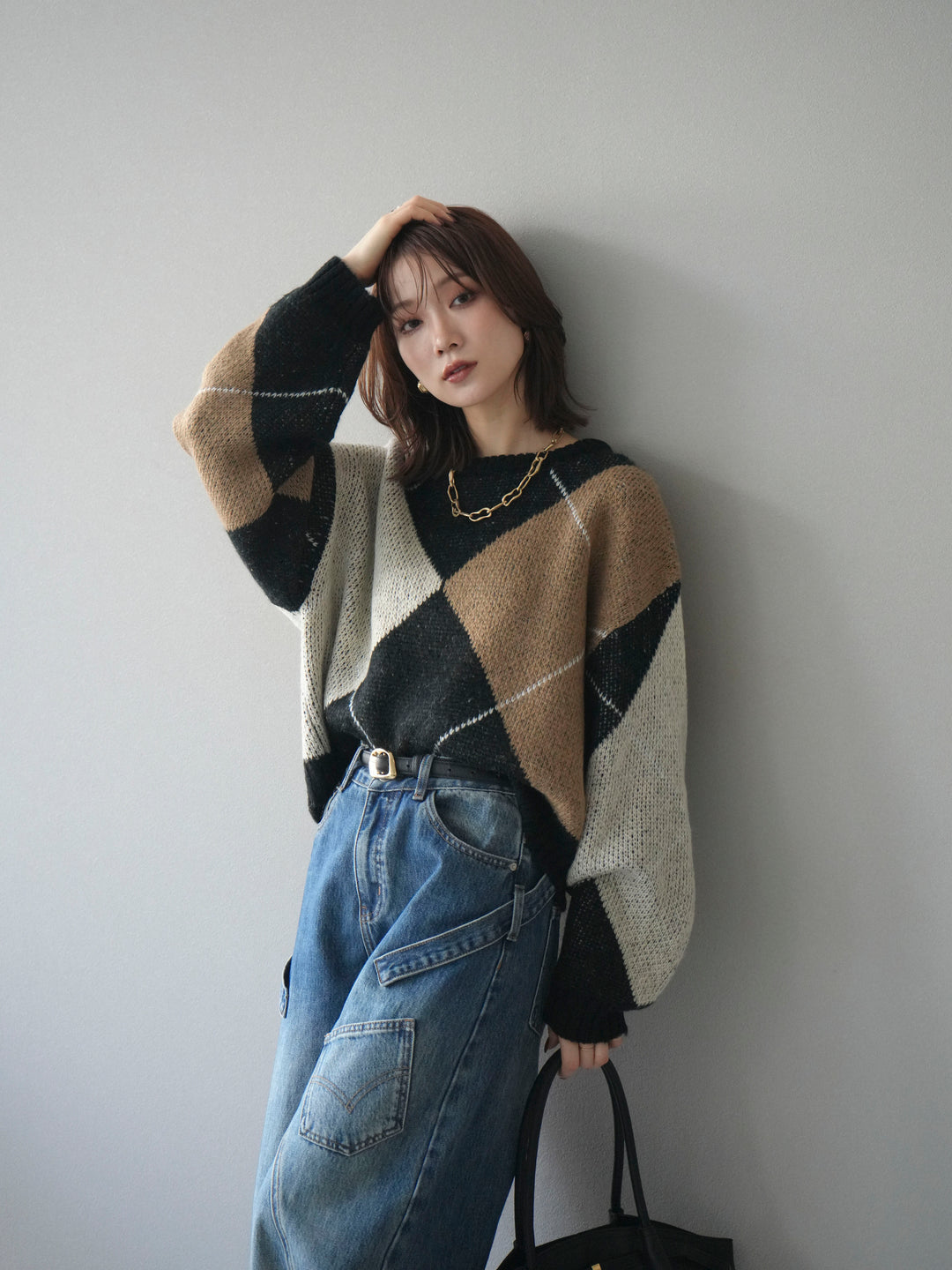 [SET]配色ステッチアーガイル柄ニットプルオーバー+ペインターカーブデニムパンツ(2set)