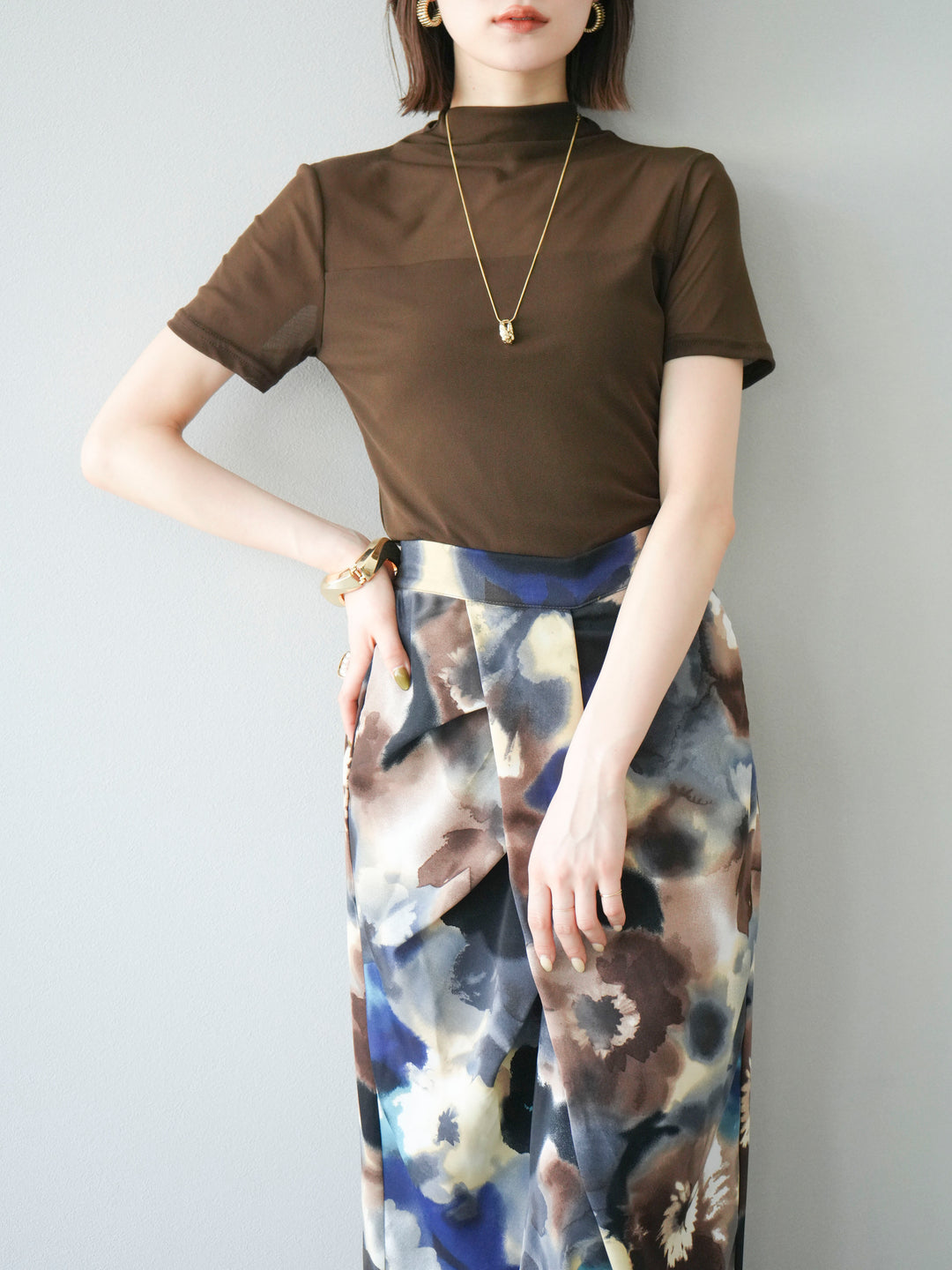 [SET] 透視半袖上衣 + 水彩印花褶襉I字裙 (2set)