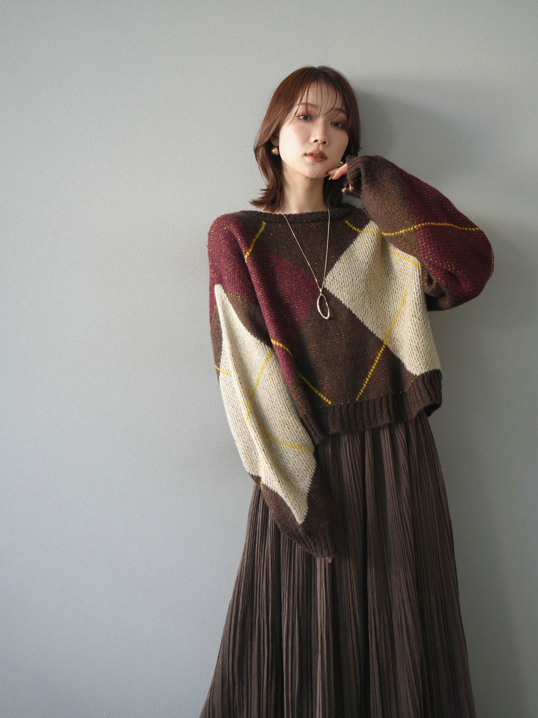 [予約]配色ステッチアーガイル柄ニットプルオーバー/brown