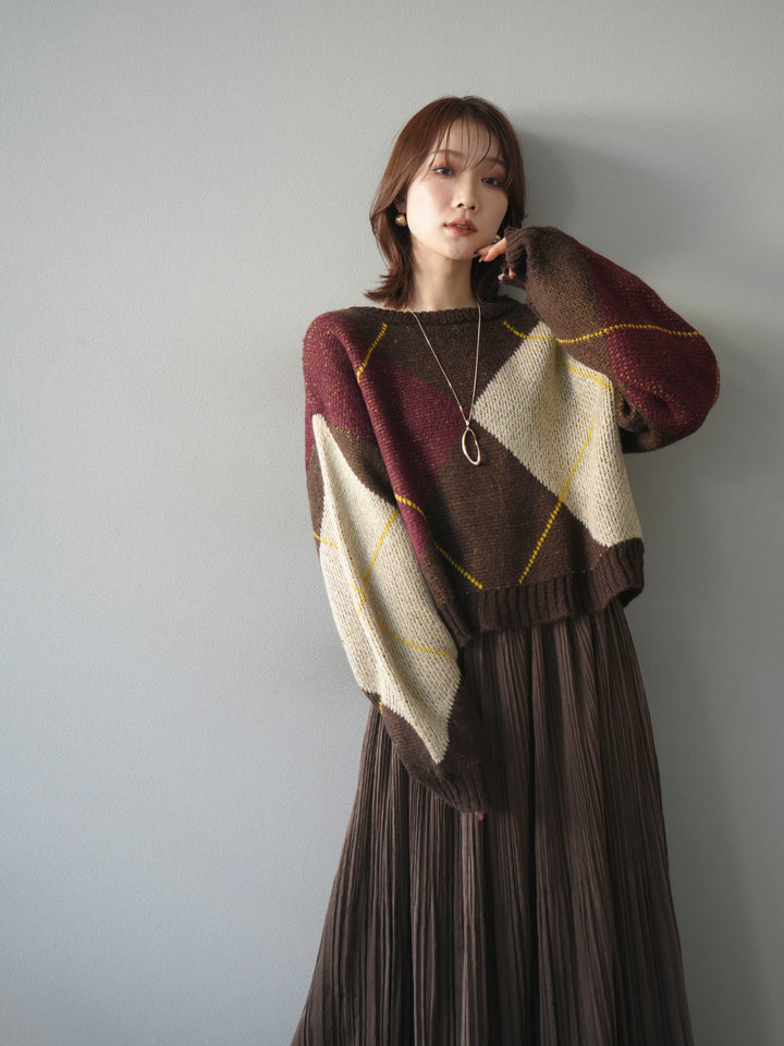 [予約]配色ステッチアーガイル柄ニットプルオーバー/brown