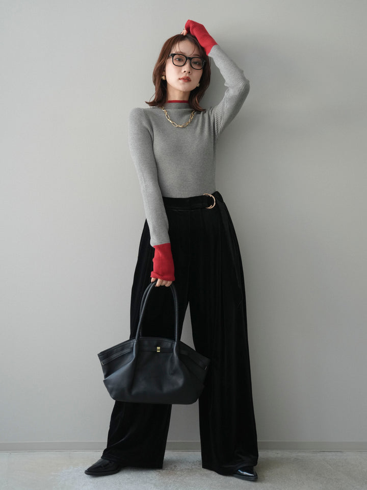 [SET]袖ボタンハイネック配色リブニットトップス+ベロアベルトスリムパンツ(2set)