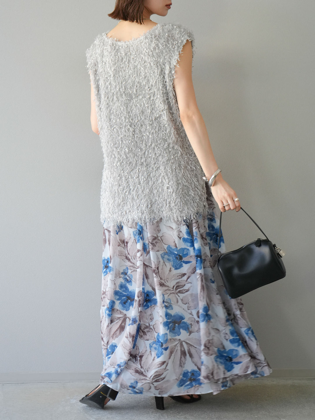 [予約]フラワープリントボリュームフレアスカート/ブルー